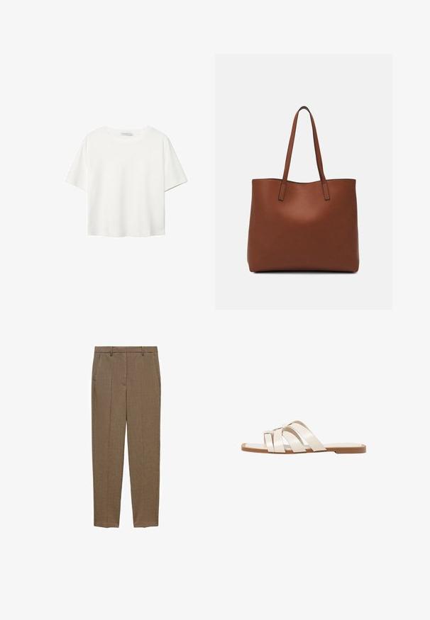 Hvid kortærmet t-shirt lavet af bomuld. Har en rund halsudskæring og en afslappet pasform. Glat tekstur uden synlige mønstre eller detaljer.; Brune ternede bukser med en skræddersyet pasform, der har flad front, sidelommer og en glat tekstur. Klassisk design til alsidig styling.; Flade sandaler med en lys gummisål, designet med tre overlappende hvide læderremme og en lille sløjfe detalje i midten.; Brun læder tote taske med en glat overflade, åben topdesign og to skulderremme. Har minimal syning og ingen synlig hardware.