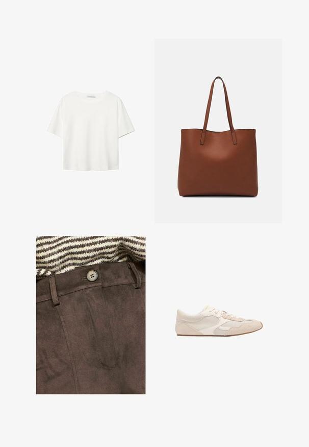 Bela kratka majica s kratkimi rokavi iz bombaža. Ima okroglo izrezovanje in sproščen kroj. Gladka tekstura brez vidnih vzorcev ali poudarkov.; Rjava semišasta hlače z gladko teksturo, ki imajo sprednji gumb in zanke za pas, delno pokrite s prugastim pletenim puloverjem.; Bežna atletska čevlja, ki združuje mrežaste in semiš materiale, ima okroglo konico in vezalke. Teksturovani detajli na zgornjem delu povečujejo oprijem.; Rjava usnjena torba z gladko teksturo, odprto zasnovo zgoraj in dvema naramnima trakovoma. Opremljena je z minimalnim šivanjem in brez vidnih kovinskih delov.