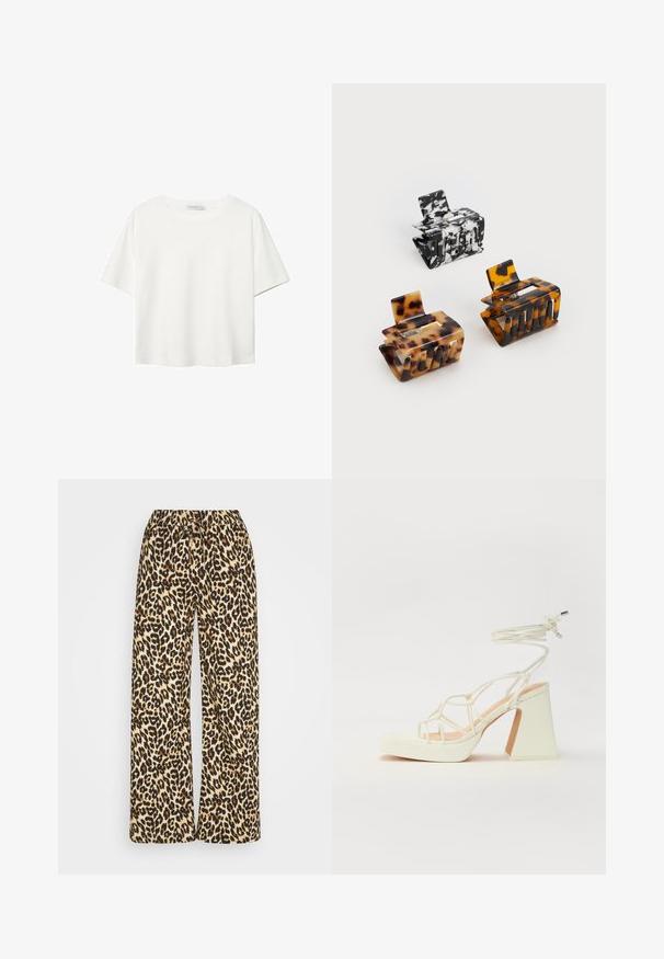 Bílý krátký rukáv tričko vyrobené z bavlny. Má kulatý výstřih a volný střih. Hladký materiál bez viditelných vzorů nebo akcentů.; Kalhoty s širokými nohavicemi v leopardím vzoru s elastickým pasem a stahovací šňůrkou. Mají béžový podklad s hnědými a černými skvrnami.; Bílé sandály na vysokém podpatku s robustním podpatkem, s designem s pásky a zavazováním kolem kotníku. Hladký povrch s platformou vpředu pro zvýšení výšky.; Tři sponky do vlasů: jedna černobíle mramorovaná, dvě želvovinové v hnědých a černých odstínech, všechny vyrobené z lesklého plastu s texturovaným povrchem.