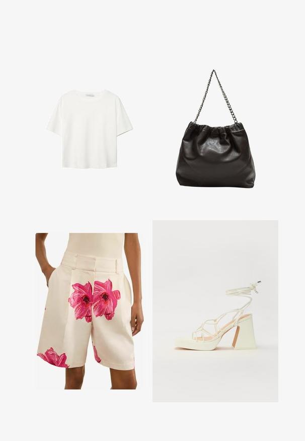 Witte korte mouwen t-shirt van katoen. Heeft een ronde halslijn en een ontspannen pasvorm. Glad textuur zonder zichtbare patronen of accenten.; Next PETITE - FLORAL TAILORED - Shorts - ecru pink; Witte hoge hakken sandaal met een chunky hak, met een bandjesontwerp en enkelband. Gladde textuur met een plateau voor extra hoogte.; Bruine leren tas met een geplooide bovenkant en een kettinghengsel. Glad textuur met een glanzende afwerking en subtiele naaddetails aan de zijkanten.