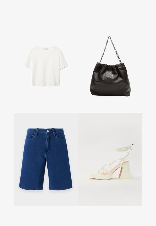 Biała koszulka z krótkim rękawem, wykonana z bawełny. Posiada okrągły dekolt i luźny krój. Gładka faktura bez widocznych wzorów czy akcentów.; Niebieskie dżinsowe szorty o prostym kroju, z pięcioma kieszeniami, widocznym pasem z metalowym guzikiem i szlufkami na pasek.; Biała sandał na wysokim obcasie z masywnym słupkiem, z paskowym wzorem i wiązaniem przy kostce. Gładka faktura z platformą z przodu dla dodatkowej wysokości.; Brązowa skórzana torba z marszczonym szczytem i łańcuszkowym paskiem. Gładka tekstura z błyszczącym wykończeniem i subtelnymi detalami szwów po bokach.