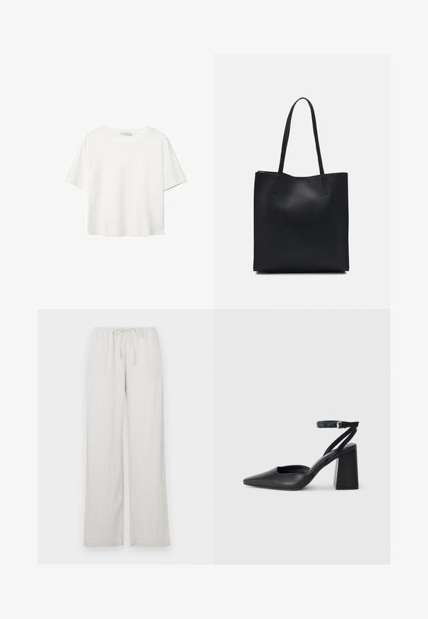 T-shirt blanc à manches courtes en coton. Doté d'un col ras du cou et d'une coupe décontractée. Texture lisse sans motifs ni accents visibles.; Pantalons large gris clair en tissu doux, dotés d'une taille élastique avec cordon de serrage et de deux poches latérales.; Escarpin noir en cuir à bout pointu avec une bride de cheville et un talon épais. Texture lisse, design élégant et esthétique minimaliste.; Sac fourre-tout en cuir noir avec une texture lisse, de forme rectangulaire et deux longues poignées. Pas de matériel ou d'ornementations visibles.