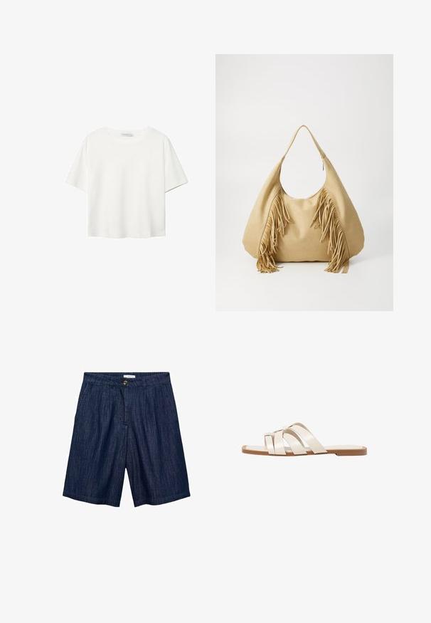 Valkoinen lyhythihainen T-paita, joka on tehty puuvillasta. Siinä on pyöreä kaula-aukko ja rento malli. Silkkinen pinta ilman näkyviä kuvioita tai koristeita.; Tummansiniset farkkushortsit, joissa on suora leikkaus, etupliinit, napitus ja kaksi sivutaskua. Sileä rakenne, jossa on hienovarainen ommel.; Tason vaaleanruskealla kumipohjalla, jossa on kolme päällekkäistä valkoista nahkaremmiä ja pieni satiininen rusetti keskellä.; Harmaa mokkanahkainen olkalaukku, jossa on suuri avaus ja pitkät hapsut molemmissa sivuissa. Laukussa on sileä pinta ja yksi kahva.