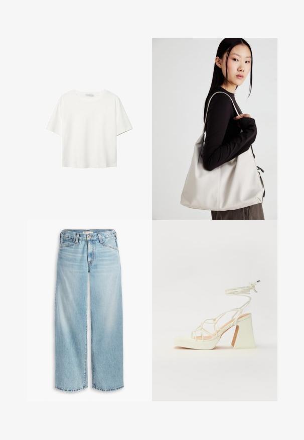 Bílý krátký rukáv tričko vyrobené z bavlny. Má kulatý výstřih a volný střih. Hladký materiál bez viditelných vzorů nebo akcentů.; Svetle modré široké džíny z denimu, s vysokým pasem, knoflíkovým zapínáním a roztrhaným lemem. Viditelné švy a kapsy.; Bílé sandály na vysokém podpatku s robustním podpatkem, s designem s pásky a zavazováním kolem kotníku. Hladký povrch s platformou vpředu pro zvýšení výšky.; Beige kabelka vyrobená z měkkého materiálu, s volným designem, prošívanými detaily a dvěma ramenními popruhy. Vhodná pro každodenní použití.