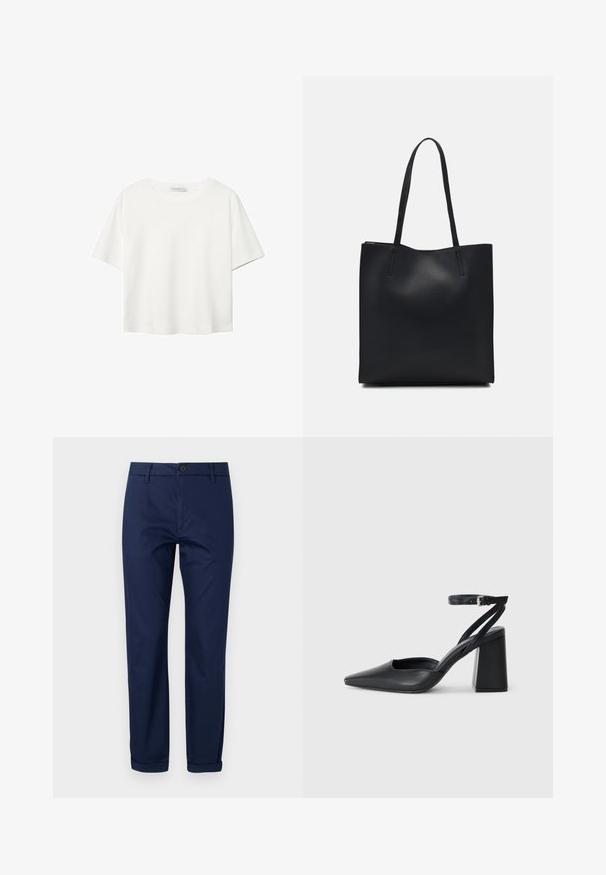 Bílý krátký rukáv tričko vyrobené z bavlny. Má kulatý výstřih a volný střih. Hladký materiál bez viditelných vzorů nebo akcentů.; Námořnické modré bavlněné chinos kalhoty s hladkým předním dílem, kovovým knoflíkem na zapínání, bočními kapsami a ohrnutými nohavicemi. Hladký materiál a přizpůsobený design.; Černé kožené lodičky se špičatou špičkou, kotníkovým páskem a silným podpatkem. Hladká textura, elegantní design a minimalistická estetika.; Černá kožená taška přes rameno s hladkým povrchem, obdélníkovým tvarem a dvěma dlouhými uchy. Žádné viditelné kování ani ozdoby.