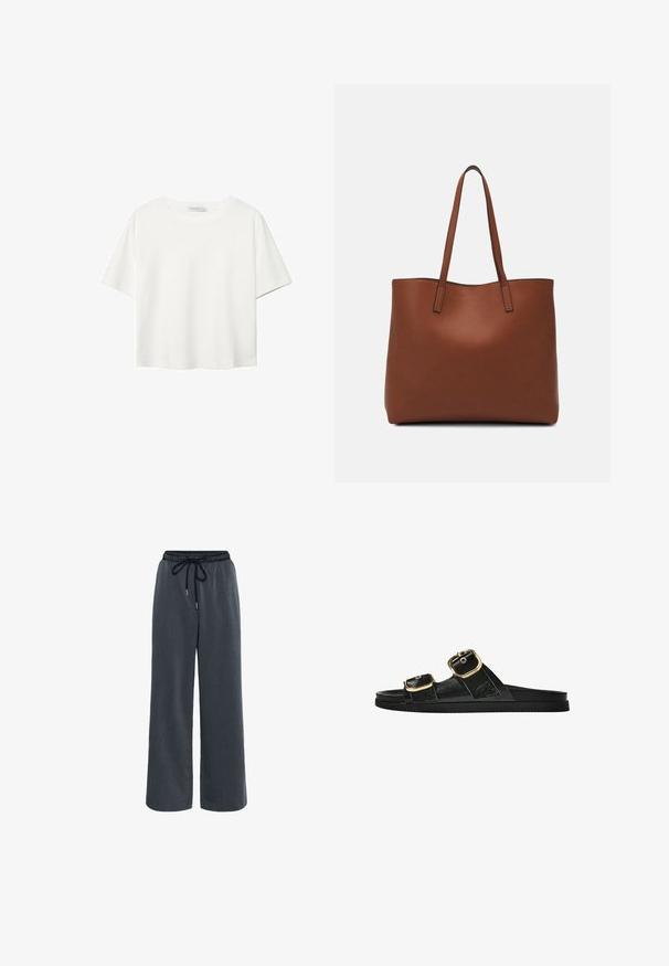 Bílý krátký rukáv tričko vyrobené z bavlny. Má kulatý výstřih a volný střih. Hladký materiál bez viditelných vzorů nebo akcentů.; Kaffe NEVIL - Kalhoty - dark grey melange; Černé kluzné sandály s dvěma zlatými sponami, hladkým texturovaným materiálem, plochou podrážkou a minimalistickým designem.; Hnědá kožená taška přes rameno s hladkou texturou, otevřeným designem a dvěma ramenními popruhy. Obsahuje minimální švy a žádné viditelné kovové prvky.