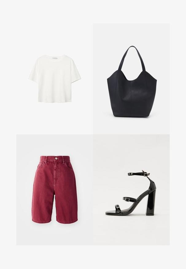Bijela majica kratkih rukava od pamuka. Ima okrugli izrez i opušteni kroj. Glatka tekstura bez vidljivih uzoraka ili naglasaka.; Burgundski traperice kratke hlače s visokim strukom. Značajke uključuju dva prednja džepa, jedan kopčanje na gumb i ravne nogavice.; Crne lakirane sandale na pete sa kvadratnim nosom, trakama oko gležnja i srebrnim kopčama. Imaju čvrst blok petu za stabilnost.; Crna torba od glatke kože, s zakrivljenim otvorenim vrhom, dva remena za rame i minimalističkim dizajnom.