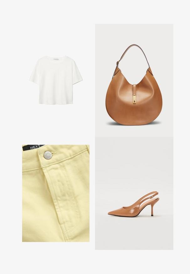 Weißes T-Shirt mit kurzen Ärmeln aus Baumwolle. Hat einen Rundhalsausschnitt und eine lockere Passform. Glatte Textur ohne sichtbare Muster oder Akzente.; Nahaufnahme eines gelben Denim-Stoffs mit Knopf und Nähdetails, versehen mit einem sichtbaren Etikett, das "NEXT DENIM" sagt.; Spitz zulaufender Slingback-Absatz aus einem glatten, glänzenden, tanfarbenen Material. Mit einem geschwungenen Ausschnitt-Design und einem schlanken Stiletto-Absatz. Silberne Schnallendetails.; Taschenhandtasche aus braunem Leder mit geschwungener Form und breitem Schultergurt. Sie verfügt über einen goldenen Metallakzent in der Mitte und eine glatte Textur.