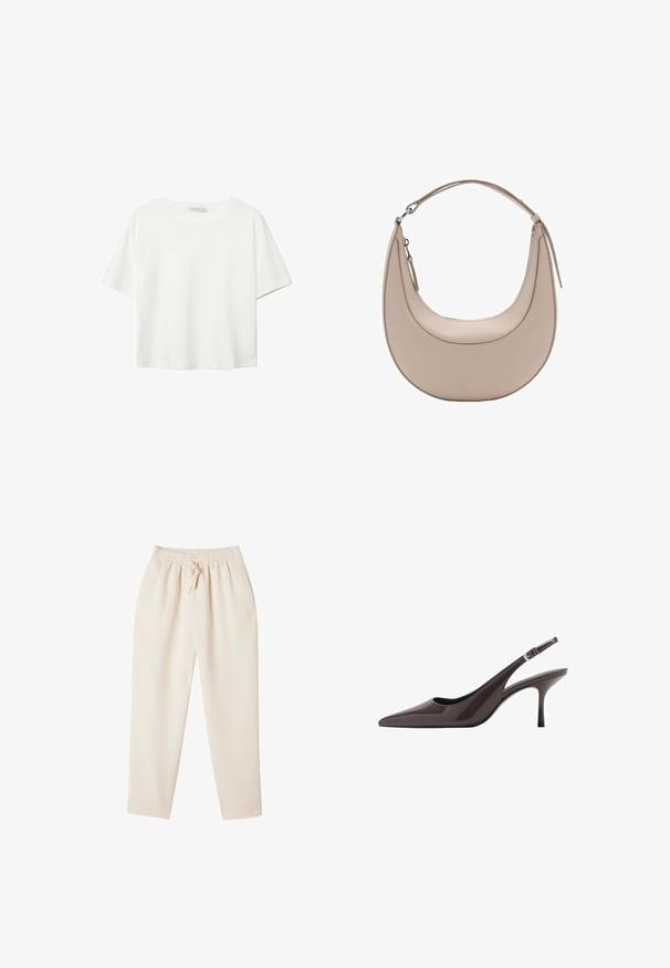 Bela kratka majica s kratkimi rokavi iz bombaža. Ima okroglo izrezovanje in sproščen kroj. Gladka tekstura brez vidnih vzorcev ali poudarkov.; Bež hlače za prosti čas s sproščenim krojem, elastičnim pasom, vrvico in stranskimi žepi. Narejene so iz mehkega, teksturiranega materiala.; Svetle črne slingback pete s pointed toe v temno rjavi lakirani usnjeni obliki, ki vključujejo vitko visoko peto in nastavljiv gleženjski trak z zaponko.; Bež usnjena torba za rame v obliki kružnice, z gladko teksturo in eno ukrivljeno zanko. Ima zadrgo in urejen šiv.