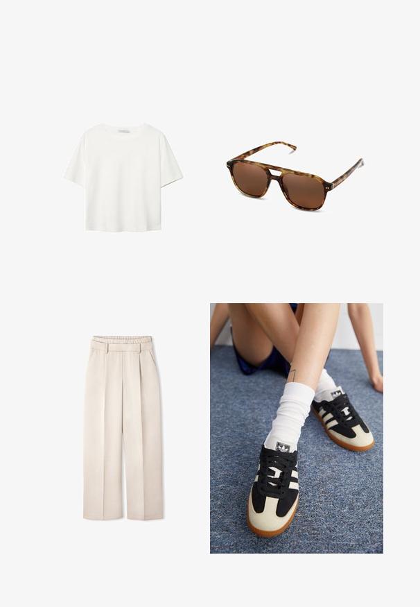 White short-sleeve t-shirt made of cotton. Features a crew neckline and a relaxed fit. Smooth texture with no visible patterns or accents.; Beige wide-leg trousers with a folded waistband, pleats at the front, two side pockets, and a smooth, slightly textured fabric finish.; Black and white athletic shoes with a suede and leather upper, featuring three white stripes and a gum sole. Pair worn with white socks.; Tortoiseshell sunglasses with brown lenses, rectangular shape, and thin arms. Features subtle metallic accents on the frame.; Black nylon tote bag with brown leather accents and handles. Features a snap closure and a front pocket with a logo detail.