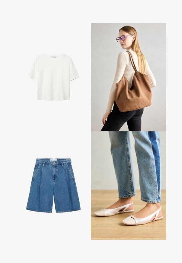 Biela krátkopsová tričko vyrobené z bavlny. Má okrúhly výstrih a voľný strih. Hladká textúra bez viditeľných vzorov alebo akcentov.; Modré džínsy s vysokým pásom, širokými nohavicami a zapracovaným predným dielom. Obsahujú predné gombíkové zapínanie a dve bočné vrecká. Hladká textúra.; Svetloružové slingback baleríny s jemne špicatou špičkou, vyrobené z hladkého materiálu pripomínajúceho kožu. Majú výrezové detaily na stranách a plochý opätok.; Hnedá semišová taška na rameno s mäkkou textúrou, veľkým otvorom a dlhými popruhmi. Má jednoduchý dizajn s viditeľným šitím a bez kovových prvkov.