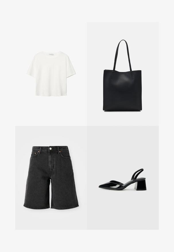 Biela krátkopsová tričko vyrobené z bavlny. Má okrúhly výstrih a voľný strih. Hladká textúra bez viditeľných vzorov alebo akcentov.; Čierne deninové šortky s vysokým pásom, s piatimi vreckami, meďou pokovené nitmi a tmavým umývaným vzhľadom. Rovný strih so súvislým lemom.; Čierne lakované kožené sandálové podpätky s špicatou špičkou a geometrickým blokovým podpätkom. Disponujú elegantným, minimalistickým dizajnom a hladkým povrchom.; Čierna kožená taška na rameno s hladkým povrchom, obdĺžnikovým tvarom a dvoma dlhými uchami. Bez viditeľného kovania alebo ozdôb.