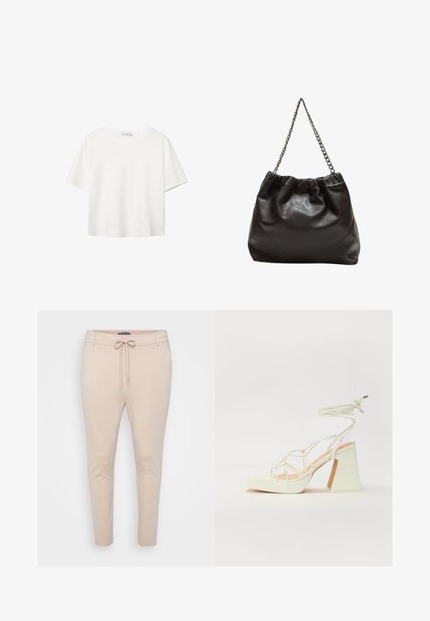 Bela kratka majica s kratkimi rokavi iz bombaža. Ima okroglo izrezovanje in sproščen kroj. Gladka tekstura brez vidnih vzorcev ali poudarkov.; Beige lahki joggers s pasom za zategovanje in dvema stranskima žepoma. Gladka tekstura, zoženi hlačnici in minimalni šivi.; Bela sandala na visokih petah s debelim petam, ki ima obliko trakcev in vezanje okoli gležnja. Gladka tekstura z platformo spredaj za dodatno višino.; Rjava usnjena torba z nabranim vrhom in verižnim trakom. Gladka tekstura z sijajno površino in subtilnimi šivi na straneh.