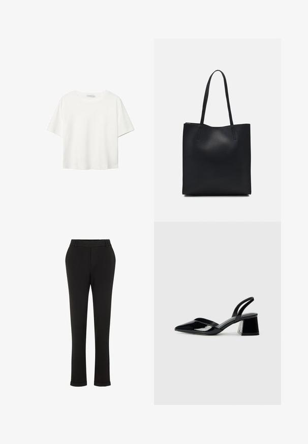 Bela kratka majica s kratkimi rokavi iz bombaža. Ima okroglo izrezovanje in sproščen kroj. Gladka tekstura brez vidnih vzorcev ali poudarkov.; Črne krojene hlače iz gladkega blaga; imajo ravno krojen design, zanke za pas in zavihke na koncu.; Črne lakirane slingback pete s koničastim nosom in geometrijsko blokasto peto. Imajo eleganten, minimalističen dizajn in gladko teksturo.; Črna usnjena torba s svilnato teksturo, pravokotne oblike in dvema dolgima ročajema. Brez vidnih metalnih delov ali okrasnih elementov.