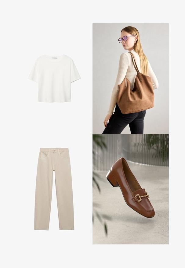 Valkoinen lyhythihainen T-paita, joka on tehty puuvillasta. Siinä on pyöreä kaula-aukko ja rento malli. Silkkinen pinta ilman näkyviä kuvioita tai koristeita.; Beige housut puuvillasta, joissa on suora lahkeiden muotoilu, etutaskut ja yksi napitus vyötäröllä.; Ruskea kiiltävä nahkaloaferi neliönmuotoisella varpaalla, metalliketjuaktsentilla ja matalalla tukijalalla; sileä rakenne, minimalistinen muotoilu.; Ruskea nubukkivuoriolaukku, jossa on pehmeä rakenne, tilava avaus ja pitkät hihnat. Ominaisuuksiin kuuluu yksinkertainen muotoilu näkyvine ompeleineen ja ilman metalliosia.