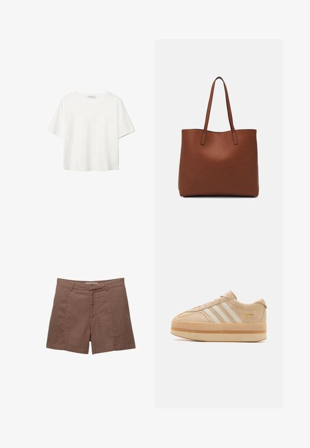 Hvid kortærmet t-shirt lavet af bomuld. Har en rund halsudskæring og en afslappet pasform. Glat tekstur uden synlige mønstre eller detaljer.; Brune linned shorts med flad front, to frontlommer og en glat tekstur. Har en skræddersyet pasform og en lige kant forneden.; Beige ruskindsplatform sneakers med hvide tre striber, rund tå og beige gummisål med en guld logo accent på siden.; Brun læder tote taske med en glat overflade, åben topdesign og to skulderremme. Har minimal syning og ingen synlig hardware.