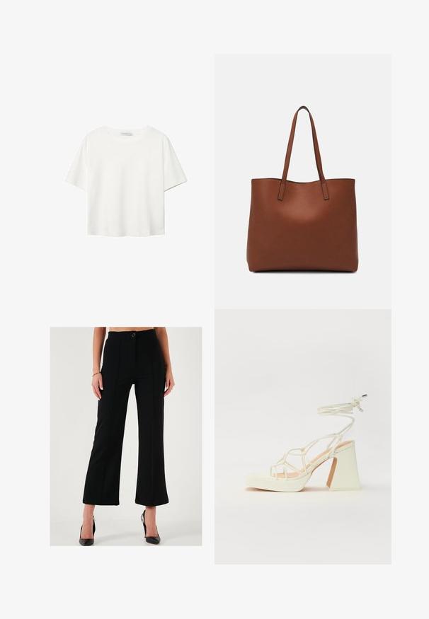 Weißes T-Shirt mit kurzen Ärmeln aus Baumwolle. Hat einen Rundhalsausschnitt und eine lockere Passform. Glatte Textur ohne sichtbare Muster oder Akzente.; Schwarze weit geschnittene Hose mit hoher Taille, vorderem Knopfverschluss und gesteppten Details. Hergestellt aus einem glatten, strukturierten Stoff.; Weiße High-Heel-Sandale mit einem klobigen Absatz, die über ein Riemchendesign und ein Knöchelband verfügt. Glatte Textur mit einer Plattform vorne für zusätzliche Höhe.; Braune Leder-Tote mit glatter Textur, offenem Oberteil und zwei Schulterriemen. Verfügt über minimale Nähte und keine sichtbaren Beschläge.