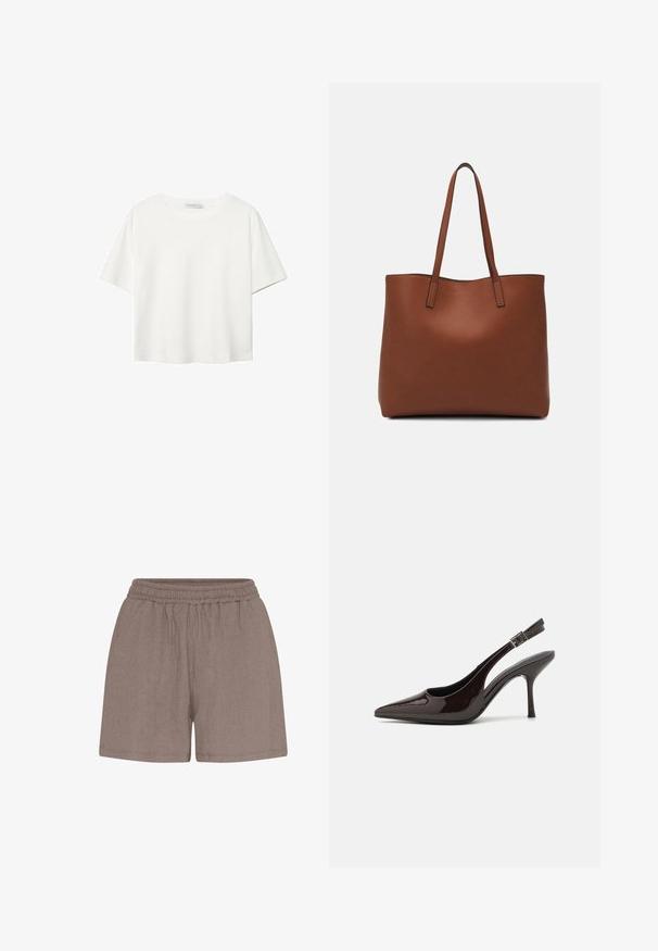 Biela krátkopsová tričko vyrobené z bavlny. Má okrúhly výstrih a voľný strih. Hladká textúra bez viditeľných vzorov alebo akcentov.; Hnedé, textúrované šortky s elastickým pásom. Vyžaduje si voľný strih a jednoduchú konštrukciu, vhodné na každodenné nosenie.; Slingback vysoké opätky v lesklej tmavohnedej lakovej koži, so špicatou špičkou, otvorenými stranami a nastaviteľným remienkom na členku.; Hnedá kožená taška na rameno s hladkou textúrou, otvoreným vrchom a dvoma ramenými popruhmi. Má minimálne šitia a žiadne viditeľné kovania.