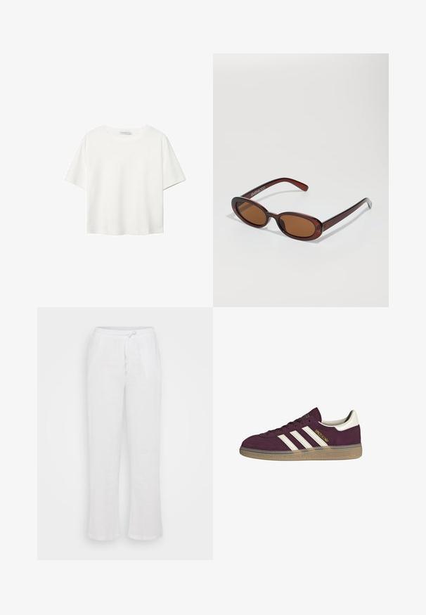 Valkoinen lyhythihainen T-paita, joka on tehty puuvillasta. Siinä on pyöreä kaula-aukko ja rento malli. Silkkinen pinta ilman näkyviä kuvioita tai koristeita.; Valkoiset pellavahousut, joissa on rento istuvuus, varustettu joustavalla vyötäröllä ja nauhalla. Suora lahje, ilman kuvioita tai lisäkoristeita.; Viininpunaiset mokkasneakerit, joissa on valkoiset kolme raitaa ja vaaleanbeigeä yksityiskohtia. Varustettu teksturoitulla kumipohjalla ja kultaisella brändäyksellä sivussa.; Pyöreät, ruskehtavat aurinkolasit, joissa on kiiltävä burgundinpunainen runko. Kapeat sivut, joissa on hienovarainen brändäys. Litteät linssit.; Ruskean kudottu nahkainen käsilaukku, jolla on löysä, kolmiomainen muoto. Varustettu punotulla kahvalla ja vetoketjukiinnityksellä ylhäällä.