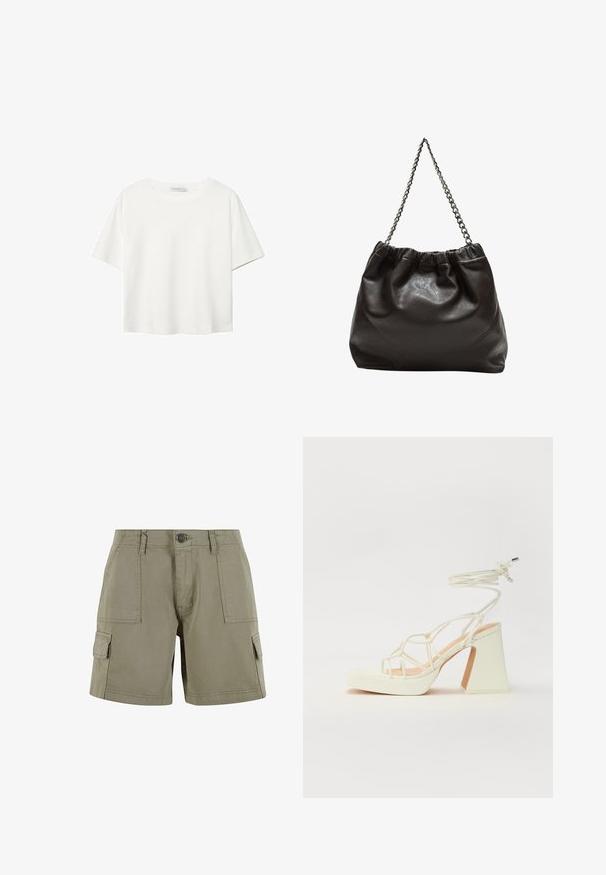 Biała koszulka z krótkim rękawem, wykonana z bawełny. Posiada okrągły dekolt i luźny krój. Gładka faktura bez widocznych wzorów czy akcentów.; Khaki szorty cargo wykonane z lekkiej bawełny, z dwiema kieszeniami bocznymi, zapięciem na guzik z przodu i prostym krojem.; Biała sandał na wysokim obcasie z masywnym słupkiem, z paskowym wzorem i wiązaniem przy kostce. Gładka faktura z platformą z przodu dla dodatkowej wysokości.; Brązowa skórzana torba z marszczonym szczytem i łańcuszkowym paskiem. Gładka tekstura z błyszczącym wykończeniem i subtelnymi detalami szwów po bokach.