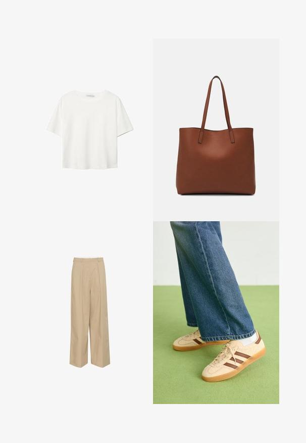 T-shirt blanc à manches courtes en coton. Doté d'un col ras du cou et d'une coupe décontractée. Texture lisse sans motifs ni accents visibles.; Pantalons larges beige avec des plis avant, une taille avec passants de ceinture et une texture de tissu lisse et léger.; Baskets beiges avec des panneaux crémeux texturés et des rayures brunes, accompagnées d'un jean en denim bleu. Le jean a une coupe large et un ourlet effiloché.; Sac fourre-tout en cuir marron avec une texture lisse, design à ouverture supérieure et deux poignées pour le porter à l'épaule. Présente des coutures minimales et aucun matériel visible.