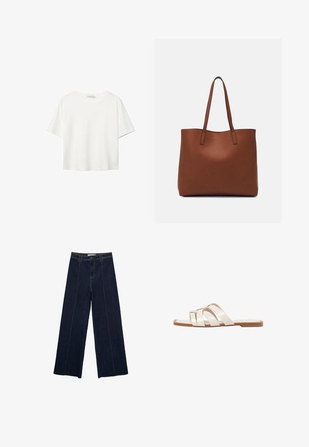 Biała koszulka z krótkim rękawem, wykonana z bawełny. Posiada okrągły dekolt i luźny krój. Gładka faktura bez widocznych wzorów czy akcentów.; Szerokie spodnie z ciemnego denimu z kontrastowym przeszyciem, wysoki stan i prosty krój. Posiadają kieszenie z przodu oraz klasyczne zapięcie na guzik.; Płaskie sandały z brązową gumową podeszwą, zaprojektowane z trzema nakładającymi się na siebie białymi skórzanymi paskami i małym detalem w postaci kokardy na środku.; Brązowa skórzana torba tote o gładkiej fakturze, z otwartym wierzchem i dwoma ramiączkami. Charakteryzuje się minimalnym przeszyciem i brakiem widocznych elementów metalowych.