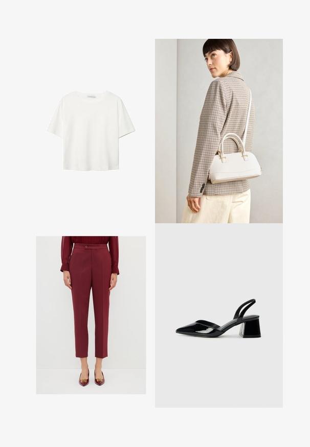 Weißes T-Shirt mit kurzen Ärmeln aus Baumwolle. Hat einen Rundhalsausschnitt und eine lockere Passform. Glatte Textur ohne sichtbare Muster oder Akzente.; Burgunderfarbene, maßgeschneiderte Hosen mit einer glatten Textur, die über einen Knopfverschluss, gefaltete Vorderseite und eine verkürzte Länge verfügen. Kombiniert mit spitzen Schuhen.; Schwarze Lackleder-Slingback-High Heels mit spitzem Schuh und einem geometrischen Blockabsatz. Verfügt über ein schlankes, minimalistisches Design und eine glatte Textur.; Weiße strukturierte Handtasche mit kurzen Griffen und einem Schultergurt, ausgestattet mit goldfarbenen Hardware-Elementen und strukturiertem Material, vor einem grauen Hintergrund präsentiert.