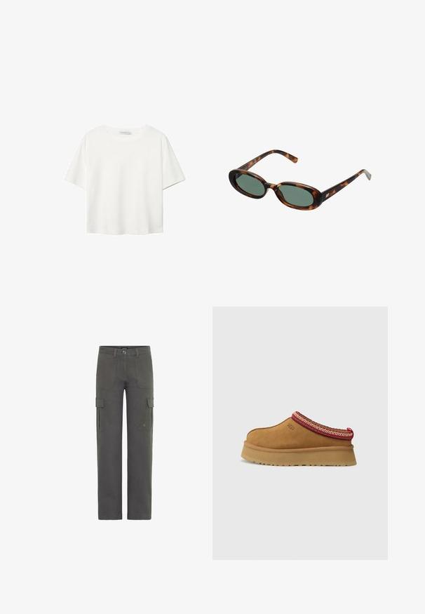Bílý krátký rukáv tričko vyrobené z bavlny. Má kulatý výstřih a volný střih. Hladký materiál bez viditelných vzorů nebo akcentů.; Cargo kalhoty v tmavě šedé bavlně s rovnýmlíni. Jsou vybaveny dvěma bočními kapsami a zapínáním na knoflík. Odolná tkanina s mírnou strukturou.; Hnědé semišové slip-on boty s červeným a krémovým vzorovaným lemem, texturovanou podrážkou a logem UGG po straně. Obsahují mírnou výšku platformy.; Sluneční brýle ve hmotě želvoviny s oválnými obroučkami a zelenými čočkami. Mají tenké stranice s metalickým akcentem u závěsů.