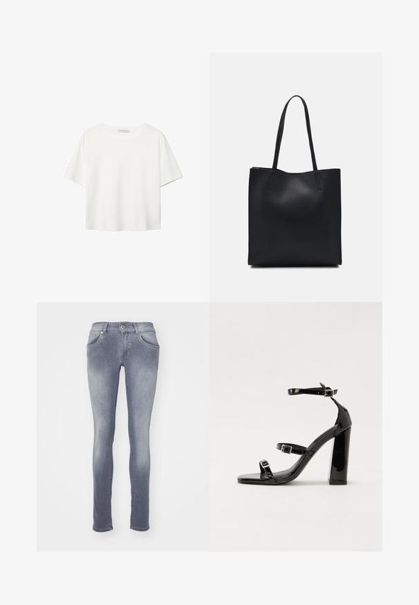 Bijela majica kratkih rukava od pamuka. Ima okrugli izrez i opušteni kroj. Glatka tekstura bez vidljivih uzoraka ili naglasaka.; Uske uskomani traperice u srednjem sivom pranju, napravljene od denima. Ima pet džepova, petlje za remen i izbleđeni efekt na bedrima i koljenima.; Crne lakirane sandale na pete sa kvadratnim nosom, trakama oko gležnja i srebrnim kopčama. Imaju čvrst blok petu za stabilnost.; Crna kožna torba za nošenje s glatkom teksturom, pravokutnim oblikom i dvije duge ručke. Nema vidljivih metalnih dijelova ili ukrasa.