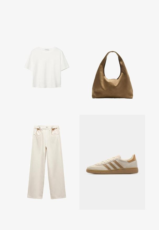 Witte korte mouwen t-shirt van katoen. Heeft een ronde halslijn en een ontspannen pasvorm. Glad textuur zonder zichtbare patronen of accenten.; Mango Broek - off-white; Beige suède sneakers met lichtbruine accenten. Voorzien van drie bruine stripes, een textuur rubberen zool en een afgeronde neus.; Bruine stoffen schoudertas met een brede, ronde vorm en een grote uitsnede handvat. Zachte textuur, minimalistisch ontwerp en geen zichtbare hardware.