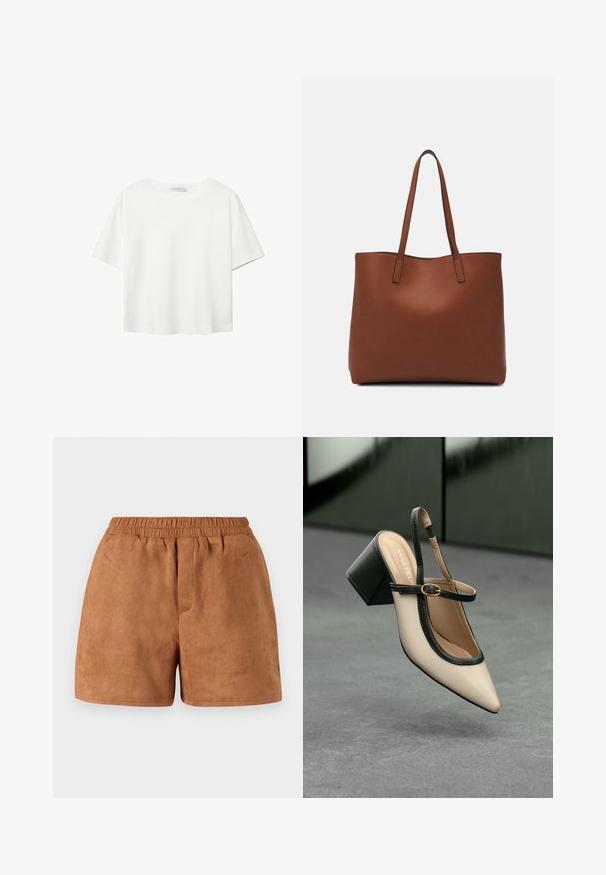 T-shirt blanc à manches courtes en coton. Doté d'un col ras du cou et d'une coupe décontractée. Texture lisse sans motifs ni accents visibles.; Shorts en daim brun avec une taille élastique, présentant une coupe décontractée et une texture lisse. Design simple, adapté à une tenue décontractée.; Escarpin beige à bout pointu et bride arrière, avec des finitions noires, une boucle dorée et un talon bloc épais, posé sur un sol gris avec un fond vert foncé.; Sac fourre-tout en cuir marron avec une texture lisse, design à ouverture supérieure et deux poignées pour le porter à l'épaule. Présente des coutures minimales et aucun matériel visible.