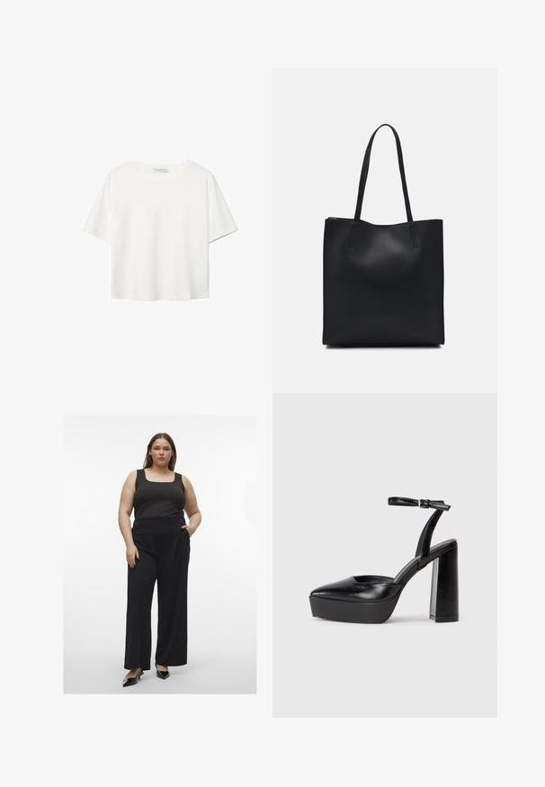 T-shirt blanc à manches courtes en coton. Doté d'un col ras du cou et d'une coupe décontractée. Texture lisse sans motifs ni accents visibles.; Un débardeur noir associé à un pantalon large noir avec des boutons. La tenue possède une texture lisse et une silhouette moderne et cintrée.; Escarpins noirs à plateforme avec un bout pointu et une sangle réglable à la cheville. Conçus en cuir lisse, avec un large talon bloc.; Sac fourre-tout en cuir noir avec une texture lisse, de forme rectangulaire et deux longues poignées. Pas de matériel ou d'ornementations visibles.