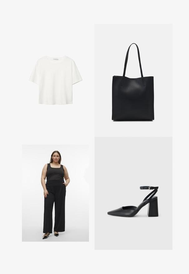 Biela krátkopsová tričko vyrobené z bavlny. Má okrúhly výstrih a voľný strih. Hladká textúra bez viditeľných vzorov alebo akcentov.; Čierny top bez rukávov v kombinácii s čiernymi širokými nohavicami s gombíkmi. Oblečenie má hladkú štruktúru a moderný, priliehavý strih.; Čierne kožené lodičky s špicatou špičkou a členkovým remienkom, s masívnym podpätkom. Hladký povrch, elegantný dizajn a minimalistická estetika.; Čierna kožená taška na rameno s hladkým povrchom, obdĺžnikovým tvarom a dvoma dlhými uchami. Bez viditeľného kovania alebo ozdôb.