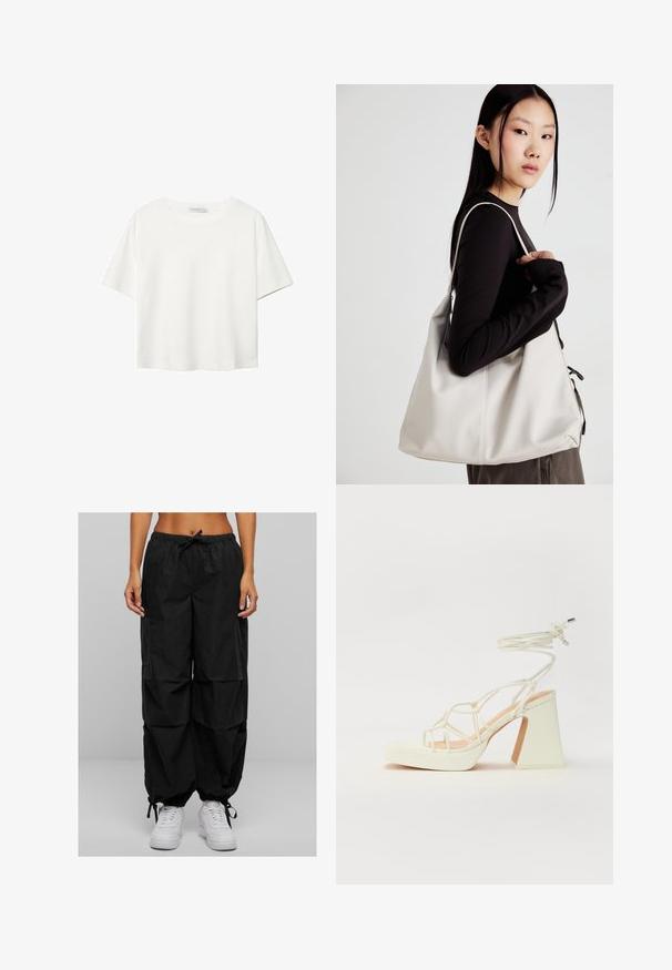 Biała koszulka z krótkim rękawem, wykonana z bawełny. Posiada okrągły dekolt i luźny krój. Gładka faktura bez widocznych wzorów czy akcentów.; Czarne spodnie cargo mają elastyczny pasek w talii, luźny krój i wiele kieszeni. Materiał wydaje się lekki o matowej teksturze. W połączeniu z białymi sneakersami.; Biała sandał na wysokim obcasie z masywnym słupkiem, z paskowym wzorem i wiązaniem przy kostce. Gładka faktura z platformą z przodu dla dodatkowej wysokości.; Beżowa torebka wykonana z miękkiego materiału, charakteryzująca się luźnym fasonem, wyszywanymi detalami i dwoma uchwytami na ramię. Idealna na co dzień.