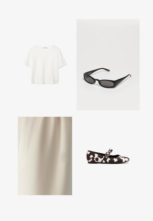 Biela krátkopsová tričko vyrobené z bavlny. Má okrúhly výstrih a voľný strih. Hladká textúra bez viditeľných vzorov alebo akcentov.; WILLA CROWN PANTS - Nohavice - ecru; Baleríny v bielej a hnedej farbe s kravským vzorom na koži, s okrúhlou špičkou a so strapcom s dekoratívnou okrúhlou prackou. Plochá podrážka.; Henrik Vibskov MEGAN SUNGLASSES UNISEX - Slnečné okuliare - black