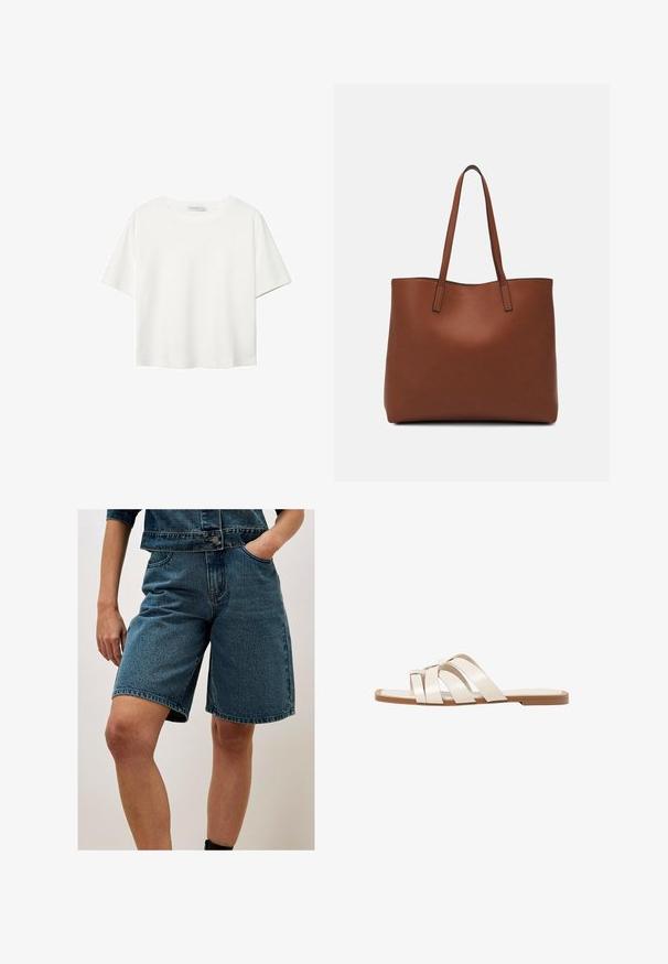 Vit t-shirt med kort ärm i bomull. Har en rundad halsringning och en avslappnad passform. Slät textur utan synliga mönster eller detaljer.; Apricot BERMUDA - Jeansshorts - blue; Platta sandaler med en brun gummisula, designade med tre överlappande vita läderspännen och en liten rosett i mitten.; Brun läder tote-väska med en slät textur, öppen toppdesign och två axelremmar. Har minimal söm och ingen synlig metalldetalj.
