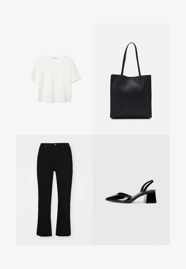 Bijela majica kratkih rukava od pamuka. Ima okrugli izrez i opušteni kroj. Glatka tekstura bez vidljivih uzoraka ili naglasaka.; Crne traperice s razdjelima, s prednjim džepovima, zatvaranjem na dugme i suptilnim narančastim detaljima šivanja. Glatka tekstura.; Crne lakirane kožne sandale s otvorenom petom i špicastim vrhom, s geometrijskom blok petom. Imaju elegantan, minimalistički dizajn i glatku teksturu.; Crna kožna torba za nošenje s glatkom teksturom, pravokutnim oblikom i dvije duge ručke. Nema vidljivih metalnih dijelova ili ukrasa.