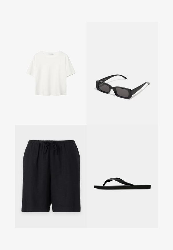 Bela kratka majica s kratkimi rokavi iz bombaža. Ima okroglo izrezovanje in sproščen kroj. Gladka tekstura brez vidnih vzorcev ali poudarkov.; Črne kratke hlače iz lahkega materiala z elastiko in vrvico v pasu. Imajo preprost dizajn in sežejo do kolen.; Črne gumijaste japonke s teksturirano thong naramnico in preprostim ravnim podplatom, prikazane s strani na enobarvni svetli podlagi.; Črne pravokotne sončna očala z temnimi lečami, sijajna površina, široka ročaja in masiven okvir. Vgravirano ime blagovne znamke na eni ročaji.