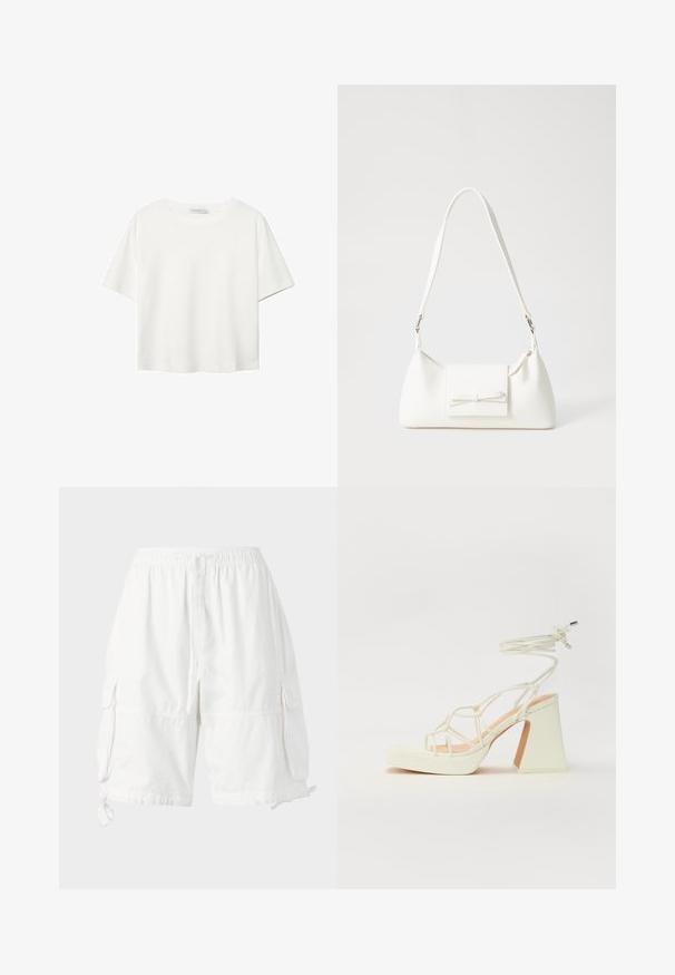 Bijela majica kratkih rukava od pamuka. Ima okrugli izrez i opušteni kroj. Glatka tekstura bez vidljivih uzoraka ili naglasaka.; Bijele kratke hlače od pamuka s elastičnim pojasom i vezicom, sadrže dva bočna džepa i podešive vezice na rubovima. Napravljene su od laganog materijala.; Bijela sandala na visokoj potpetici s debelim petom, s remenom i vezanjem oko gležnja. Glatka tekstura s platformom sprijeda za dodatnu visinu.; Bijela sintetička torbica s trokutastim oblikom, ravnim prednjim poklopcem i detaljem u obliku mašne, podesivom remenom, glatkom teksturom i minimalističkim dizajnom.