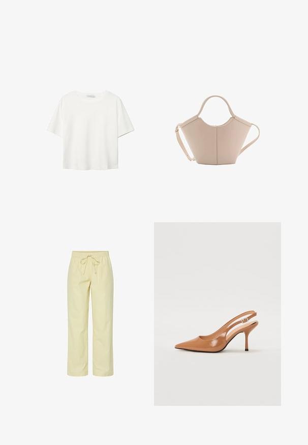 Vit t-shirt med kort ärm i bomull. Har en rundad halsringning och en avslappnad passform. Slät textur utan synliga mönster eller detaljer.; Gulrandiga byxor med elastisk midja och dragsnöre. Tyget har en slät yta. Rakt ben, når mitt på vaden.; Tåspets slingback-häl i ett slätt, glansigt brunt material. Har en kurvad utskärning och en smal stilettklack. Silverdetalj med spänne.; Beige läderhandväska med en unik form, med två korta handtag och ett långt justerbart axelband. Slät textur med minimal hårdvara.