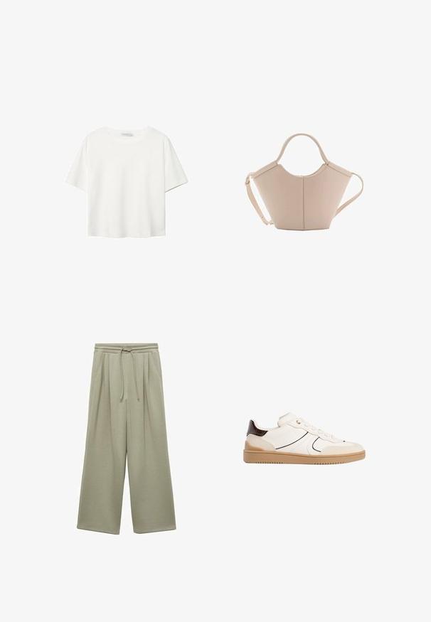 Biała koszulka z krótkim rękawem, wykonana z bawełny. Posiada okrągły dekolt i luźny krój. Gładka faktura bez widocznych wzorów czy akcentów.; Jasnozielone, szerokie spodnie dresowe wykonane z miękkiej tkaniny. Posiadają ściągacz w talii, zakładki i luźny krój. Brak widocznych kieszeni.; Stradivarius - Sneakersy niskie; Beżowa skórzana torebka o unikalnym kształcie, z dwoma krótkimi uchwytami i długim, regulowanym paskiem. Gładka tekstura z minimalną ilością elementów metalowych.