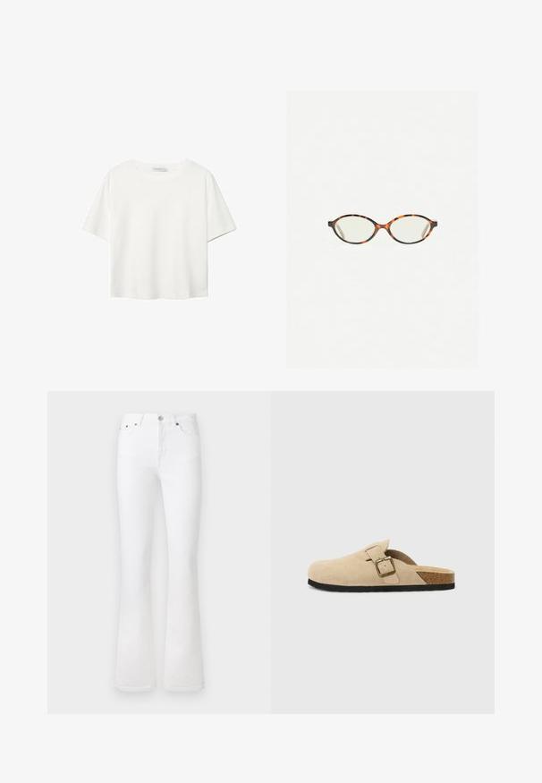 Bílý krátký rukáv tričko vyrobené z bavlny. Má kulatý výstřih a volný střih. Hladký materiál bez viditelných vzorů nebo akcentů.; Bílé denimové zvonové džíny s vysokým pasem, které mají pět kapes, přední zapínání na knoflík a klasickou vybledlou texturu.; Béžové semišové klouzavé dřeváky s korkovou stélkou, zaoblenou špičkou a jednoduchým páskem s kovovou sponou v zlatém tónu. Gumová podrážka pro lepší přilnavost.; Želvovinové brýle s oválnými čočkami a hladkým, jemným povrchem. Má tenké bočnice s jemným zakřivením v chrámcích. Čiré čočky.