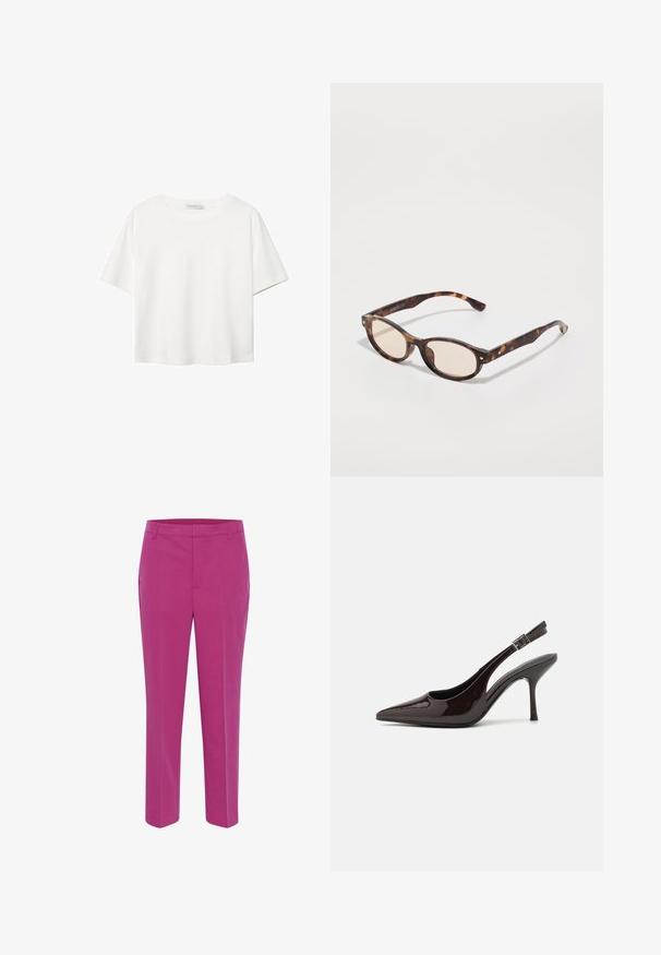 Witte korte mouwen t-shirt van katoen. Heeft een ronde halslijn en een ontspannen pasvorm. Glad textuur zonder zichtbare patronen of accenten.; Kaffe KASAKURA - Chino - festival fuchsia; Slingback hoge hak schoen in glanzend donkerbruin patentleer, puntige neus, open zijkanten en verstelbare enkelband.; Schildpadbril met een ronde vorm en lichte lenzen. Heeft stevige armen met kleine gouden accenten, gemaakt van plastic materiaal.