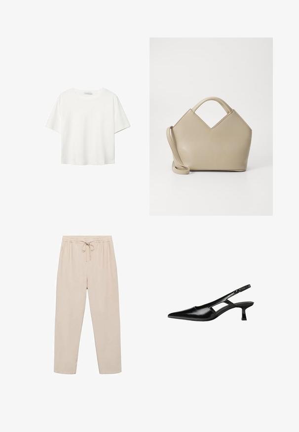 Bela kratka majica s kratkimi rokavi iz bombaža. Ima okroglo izrezovanje in sproščen kroj. Gladka tekstura brez vidnih vzorcev ali poudarkov.; Bež hlače iz lahkega materiala z elastičnim pasom, nastavljivimi vrvicami in stranskimi žepi. Narejene so iz gladkega, mehkega blaga.; Črne patentični usnjeni salonarji s slingback designom, z zašiljenim nosom, izrezanim stranskim dizajnom in majhnim kvadratnim peto. Gladka tekstura z minimalnimi detajli.; Bežna strukturirana torbica s V-oblikovanim vrhom, iz gladke usnjene tkanine, s kratkimi ročaji in dolgim, nastavljivim trakom. Minimalističen dizajn.