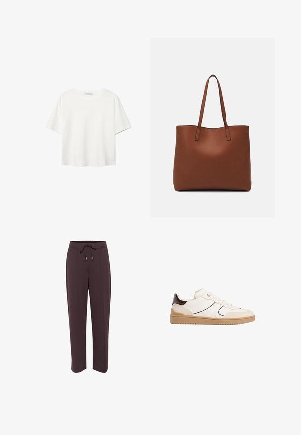 Bela kratka majica s kratkimi rokavi iz bombaža. Ima okroglo izrezovanje in sproščen kroj. Gladka tekstura brez vidnih vzorcev ali poudarkov.; Temno rjavi trenirki s pasom na vezanje, stranskimi žepi in sproščenim krojem. Mehka tkanina z gladko teksturo in ravno obliko hlač.; Stradivarius Športni copati - white; Rjava usnjena torba z gladko teksturo, odprto zasnovo zgoraj in dvema naramnima trakovoma. Opremljena je z minimalnim šivanjem in brez vidnih kovinskih delov.