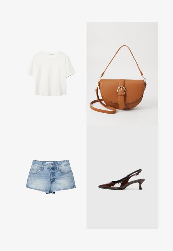 Bílý krátký rukáv tričko vyrobené z bavlny. Má kulatý výstřih a volný střih. Hladký materiál bez viditelných vzorů nebo akcentů.; Džínové šortky světle modré barvy s opotřebovaným vzhledem, mají zapínání na knoflík, dvě přední kapsy a volný střih.; Hnědé lakované kožené slingback boty s špičatou špičkou a mírným podpatkem. Disponují přezkou pro bezpečné upevnění. Hladký povrch.; Hnědá kožená křížová taška s zakřiveným tvarem, zlatými detaily a akcentem s přezkou. Obsahuje odnímatelný popruh na rameno.