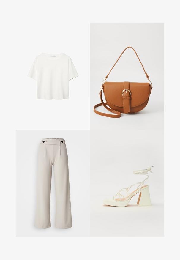 Bijela majica kratkih rukava od pamuka. Ima okrugli izrez i opušteni kroj. Glatka tekstura bez vidljivih uzoraka ili naglasaka.; Pantalone širokog kroja s nabranim detaljima u svijetlosmeđem materijalu s glatkom teksturom, sakupljenim strukom i dva crna dugmeta na pojasu.; Bijela sandala na visokoj potpetici s debelim petom, s remenom i vezanjem oko gležnja. Glatka tekstura s platformom sprijeda za dodatnu visinu.; Smeđa kožna torba preko tijela s zakrivljenim oblikom, zlatnim metalnim detaljima i naglaskom na kopču. Ima odvojivu naramenicu.