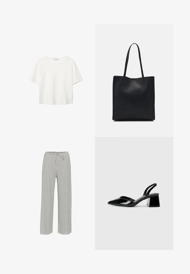 Biała koszulka z krótkim rękawem, wykonana z bawełny. Posiada okrągły dekolt i luźny krój. Gładka faktura bez widocznych wzorów czy akcentów.; Spodnie w paski o szerokich nogawkach w kolorze czarno-białym. Wykonane z miękkiego materiału z elastycznym paskiem w talii i sznurkiem do regulacji dopasowania.; Czarne lakierowane półbuty na obcasie z wydłużonym noskiem i geometrycznym słupkiem. Charakteryzują się eleganckim, minimalistycznym designem oraz gładką fakturą.; Czarna skórzana torba tote o gładkiej fakturze, prostokątnym kształcie i dwóch długich uchwytach. Brak widocznych elementów metalowych i ozdób.