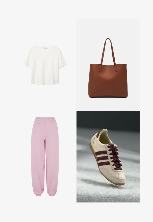 Bijela majica kratkih rukava od pamuka. Ima okrugli izrez i opušteni kroj. Glatka tekstura bez vidljivih uzoraka ili naglasaka.; Urban Classics FLUFFY - Donji dijelovi trenirke - softpink; Bijele tenisice s maroon akcentima, s teksturiranim gornjim dijelom, tri pruga sa strane i gumiranim potplatom. Dizajn sa vezicama.; Smeđa kožna torba preko ramena s glatkom teksturom, otvorenim vrhom i dvjema naramenicama. Ima minimalne šavove i nema vidljivog hardvera.