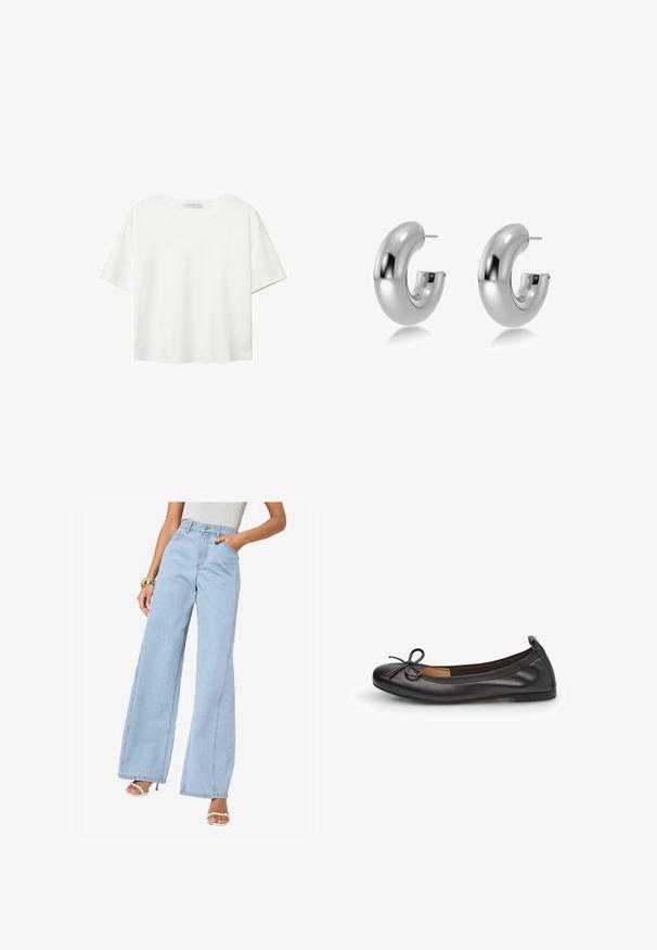 Vit t-shirt med kort ärm i bomull. Har en rundad halsringning och en avslappnad passform. Slät textur utan synliga mönster eller detaljer.; Ljusblå vida jeans med hög midja, framfickor och centrala sömmar; tillverkade av denim med en mjuk textur.; Svart läderballerina med rund tå, smal rosettdetalj framtill och elastiskt kant för en säker passform. Platt sula för komfort.; Silverfärgade, polerade metallörhängen med en slät, rundad form och en öppen lucka fram. Har en stiftbaksida för säker användning.